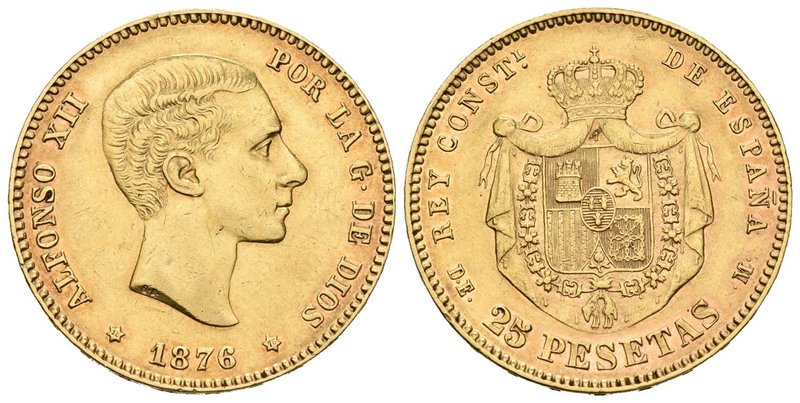 ALFONSO XII. 25 Pesetas. 1876 *18-76. Madrid DEM. Cal-1. Au. 8,10g. MBC+.