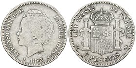 ALFONSO XIII. 5 Pesetas. 1883 *_8-__. Madrid MPM. Falsa de época en plata. No coincidente. Ar. 24,56g. MBC-.