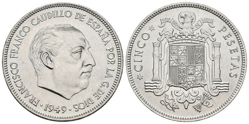 ESTADO ESPAÑOL. 5 Pesetas. 1949 *19-49. Gran exceso de metal en el bigote. Cal-4...