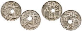 ESTADO ESPAÑOL. Lote compuesto por 2 monedas de 50 Céntimos. 1949 *19-53, ambas con perforación central desplazada. MBC+.