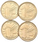 JUAN CARLOS I. Conjunto de 4 monedas de 5 Pesetas. 1997. Exceso de metal junto a las pezuñas. SC.