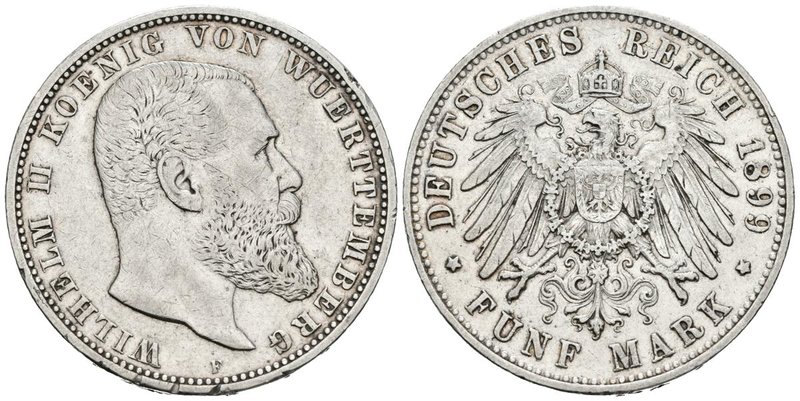 ALEMANIA. 5 Marcos. (Ar. 27,74g/37mm). 1899. Stuttgart F. (Km#632). MBC.