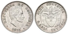 COLOMBIA. 10 Centavos. 1913. Km#196.1. Ar. 2,52g. SC.