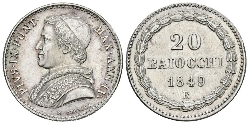 ESTADOS PAPALES. Pio IX. 20 Baiocchi. 1849. Roma R. Munt 14c. Ar. 5,36g. Rayitas...