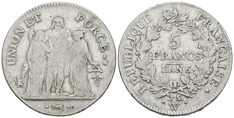 FRANCIA. 5 Francs. L´An 6. Lille W. Gad. 563. Ar. 24,63g. BC+/MBC-.