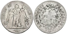 FRANCIA. 5 Francs. L´An 7. Perpignan Q. Gad. 563. Ar. 24,61g. BC+.