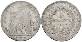 FRANCIA. 5 Francs. L´An 7. París A. G. 563, F .298/5. Ar. 24,77g. BC+/MBC-. Escasa.