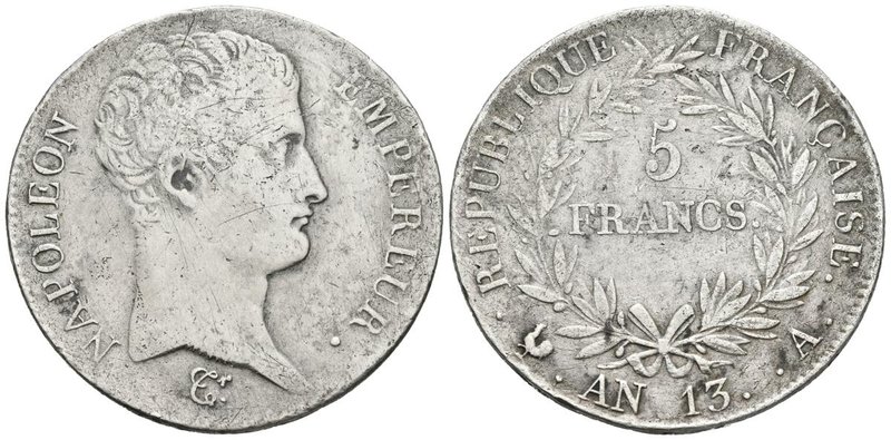 FRANCIA. 5 Francs. An 13. París A. Km#662.1. Ar. 24,33g. Plata agria. BC+/MBC-.