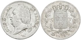 FRANCIA. Louis XVIII. 5 Francs. 1824. Perpignan Q. F. 309/95. Ar. 24,95g. MBC-.