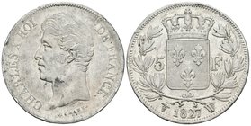 FRANCIA. 5 Francs. 1827. Lille W. Gad. 644; F. 311. Ar. 24,95g. Golpecitos en el canto. MBC.