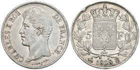 FRANCIA. 5 Francs. 1828. Rouen B. Gad. 644; Dav. 88. Ar. 24,72g. MBC.