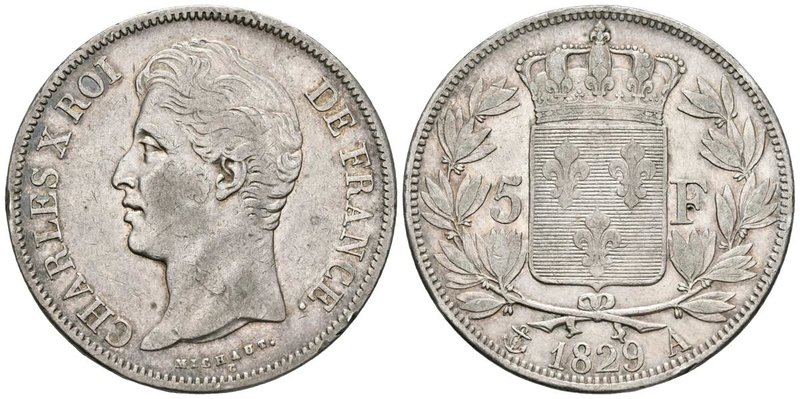 FRANCIA. 5 Francs. 1829. París A. Gad. 644. Ar. 24,92g. Pátina. MBC.