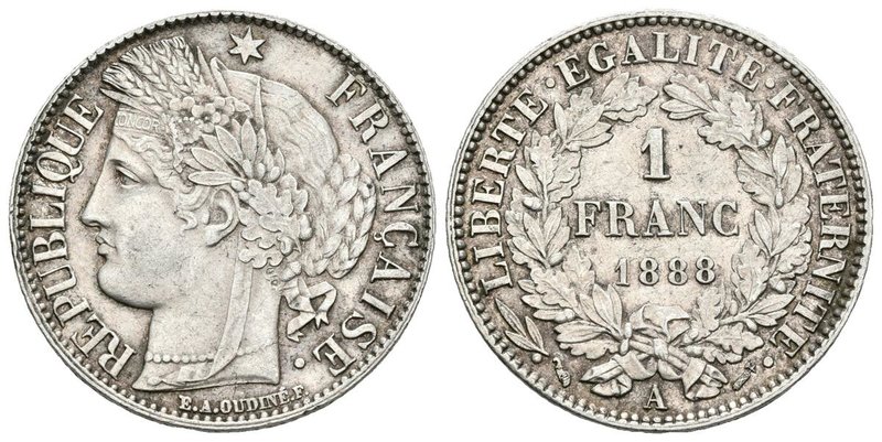 FRANCIA. 1 Franc. 1888. París A. Km#822.1; Gad. 465a. Ar. 5,01g. Leves marquitas...