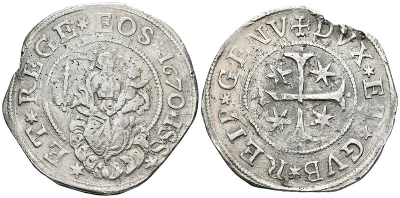 ITALIA. Scudo Stretto. 1670. Génova. A/ Virgen con niño y espada sobre nubes. Le...