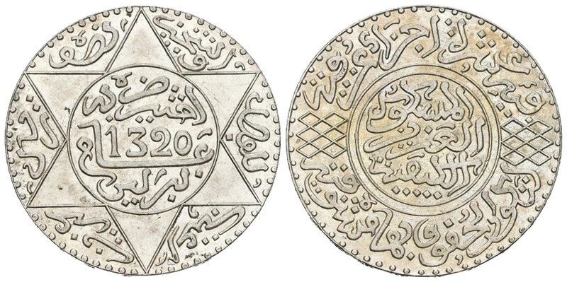 MARRUECOS. Abd Al-Aziz. 1/2 Rial ( 5 Dirhams). 1320 H-1902. Km#21.2. Ar. 12,40g....