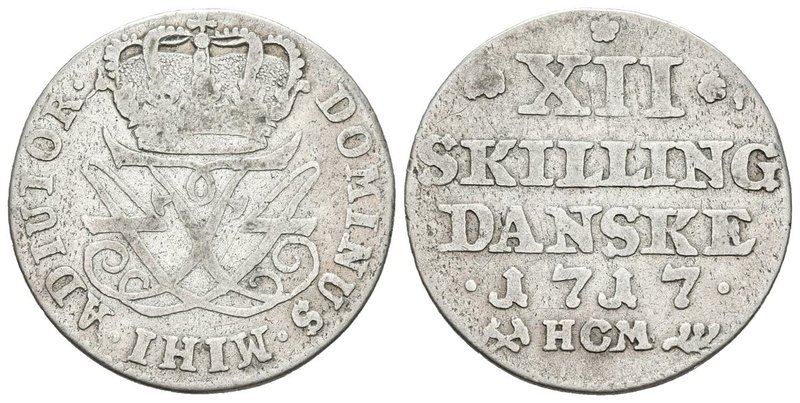 NORUEGA. Friedrich IV. 12 Skilling. 1717 H·C·M. Hede 43 B. Ar. 3,52g. BC+/MBC-. ...