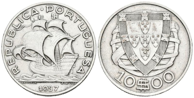 PORTUGAL. 10 Escudos. (Ar. 12,58g/30mm). 1937. (Gomes 43.03; Km#582). MBC-.