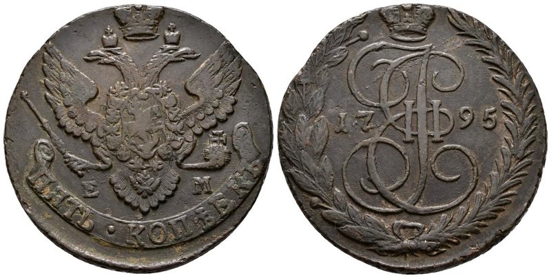 RUSIA. Catherina II. 5 Kopeks. 1795. Ekaterinburg EM. Km#59.3; Bitkin 865. Ae. 5...