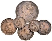 GRAN BRETAÑA. Lote compuesto por 6 monedas, conteniendo: 1/3 Farthing 1827 y 1835; Farthing 1834, 1845 y 1860; 1 Penny 1870. Ae. A EXAMINAR.