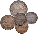 ITALIA. Lote compuesto por 5 monedas de Cerdeña, conteniendo: 1 Centésimo 1826 (dos tipos); 3 Centésimi 1826 y 1842 y 5 Centésimi 1826. Ae. A EXAMINAR...