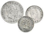 ITALIA. Lote compuesto por 3 monedas, conteniendo: 20 Centesimi 1863 M; 50 Centesimi 1863 M y 1 Lire1863 T. Ar. A EXAMINAR. Escasas.