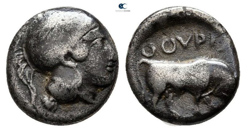 Lucania. Thourioi 443-400 BC. 
Triobol AR

11 mm., 1,08 g.



very fine