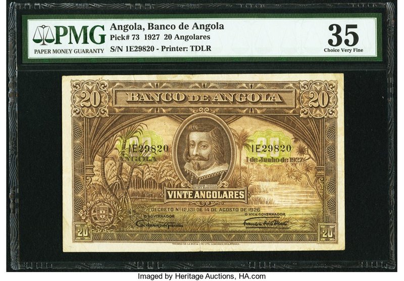 Angola Banco De Angola 20 Angolares 1.6.1927 Pick 73 PMG Choice Very Fine 35. Th...