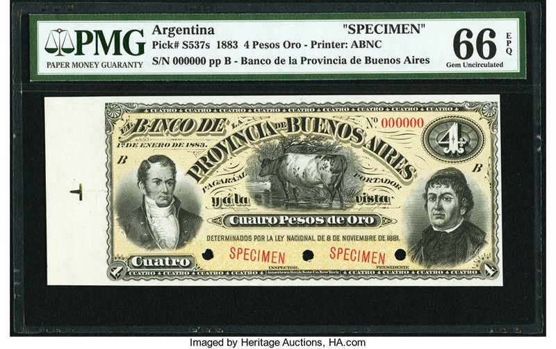 Argentina Provincia de Buenos Aires 4 Pesos Oro 1.1.1883 Pick S537s Specimen PMG...