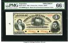 Argentina Provincia de Buenos Aires 4 Pesos Oro 1.1.1883 Pick S537s Specimen PMG Gem Uncirculated 66 EPQ. A seldom seen and beautiful Specimen of this...