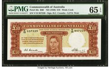 Australia Commonwealth Bank of Australia 10 Pounds ND (1949) Pick 28c R60 PMG Gem Uncirculated 65 EPQ. An extremely scarce note in Uncirculated condit...