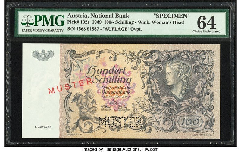 Austria Austrian National Bank 100 Schilling 3.1.1949 Pick 132s Specimen PMG Cho...