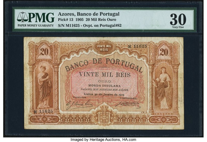 Azores Banco de Portugal 20 Mil Reis Ouro 1905 Pick 13 PMG Very Fine 30. At the ...