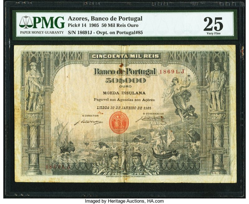Azores Banco de Portugal 50 Mil Reis Ouro 30.1.1905 Pick 14 PMG Very Fine 25. A ...