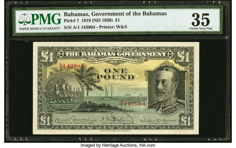 Bahamas Bahamas Government 1 Pound 1919 (ND 1930) Pick 7 PMG Choice Very Fine 35...