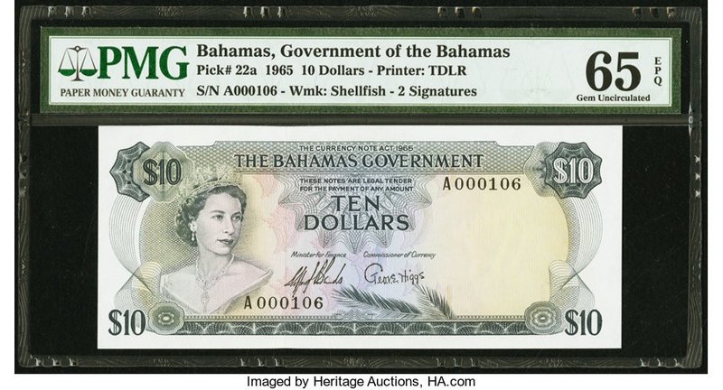 Bahamas Bahamas Government 10 Dollars 1965 Pick 22a PMG Gem Uncirculated 65 EPQ....