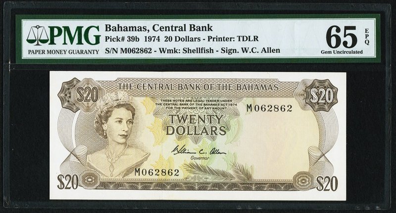 Bahamas Central Bank 20 Dollars 1974 Pick 39b PMG Gem Uncirculated 65 EPQ. Featu...