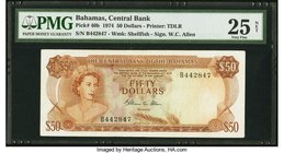 Bahamas Central Bank 50 Dollars 1974 Pick 40b PMG Very Fine 25 Net. A decent example of a key variety, bearing the Allen signature, for Bahamas. Queen...