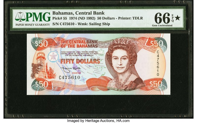 Bahamas Central Bank 50 Dollars 1974 (ND 1992) Pick 55 PMG Gem Uncirculated 66 E...