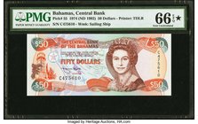 Bahamas Central Bank 50 Dollars 1974 (ND 1992) Pick 55 PMG Gem Uncirculated 66 EPQ S. Queen Elizabeth II is seen on the face, and the Bank's headquart...