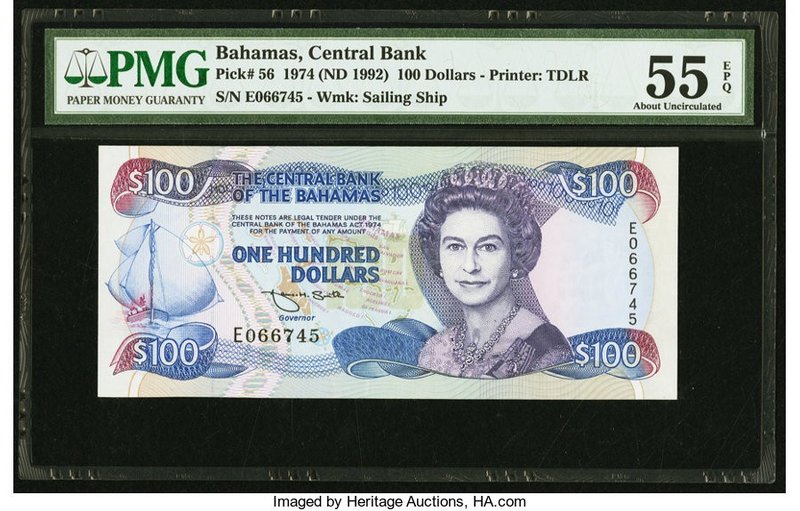 Bahamas Central Bank 100 Dollars 1974 (ND 1992) Pick 56 PMG About Uncirculated 5...