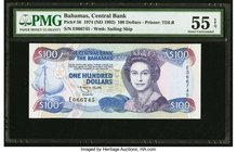 Bahamas Central Bank 100 Dollars 1974 (ND 1992) Pick 56 PMG About Uncirculated 55 EPQ. Only the lightest circulation is seen on this highest denominat...