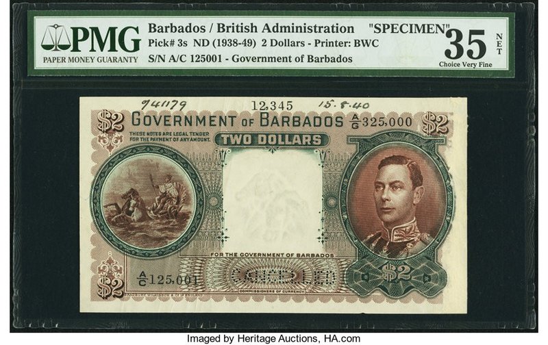 Barbados Government of Barbados 2 Dollars ND (1938-49) Pick 3s Specimen PMG Choi...