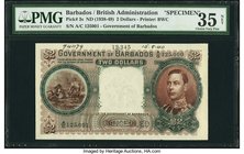 Barbados Government of Barbados 2 Dollars ND (1938-49) Pick 3s Specimen PMG Choice Very Fine 35 Net. A beautiful and rare denomination, more difficult...