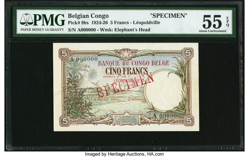 Belgian Congo Banque du Congo Belge, Leopoldville 5 Francs 3.12.1924 Pick 8bs Sp...