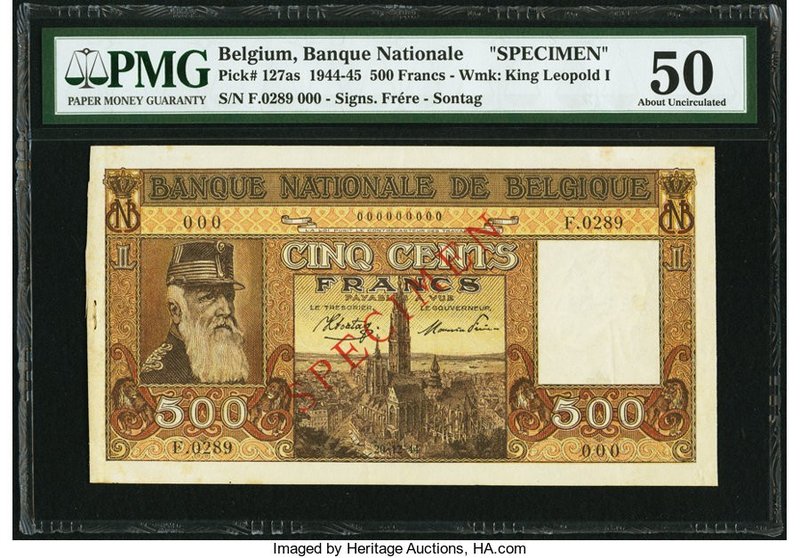 Belgium Banque National de Belgique 500 Francs 1944-45 Pick 127as Specimen PMG A...