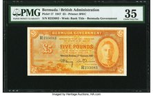 Bermuda Bermuda Government 5 Pounds 17.2.1947 Pick 17 PMG Choice Very Fine 35. A superb offering, seldom seen in any grade. This is the highest denomi...