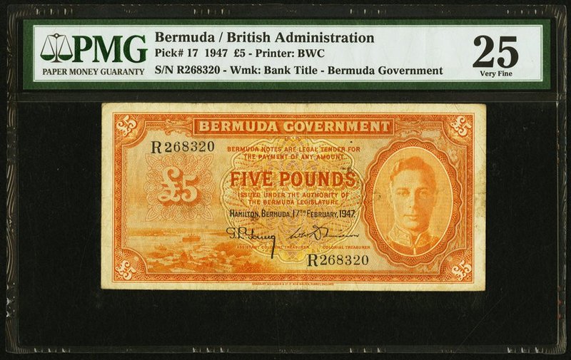 Bermuda Bermuda Government 5 Pounds 17.2.1947 Pick 17 PMG Very Fine 25. A pleasi...