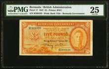 Bermuda Bermuda Government 5 Pounds 17.2.1947 Pick 17 PMG Very Fine 25. A pleasing highest denomination featuring Hamilton harbor and King George VI o...