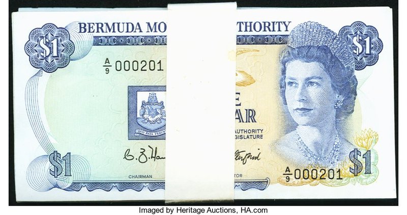 Bermuda Monetary Authority 1 Dollar 1.1.1988 Pick 28d Low Serial Number Pack of ...