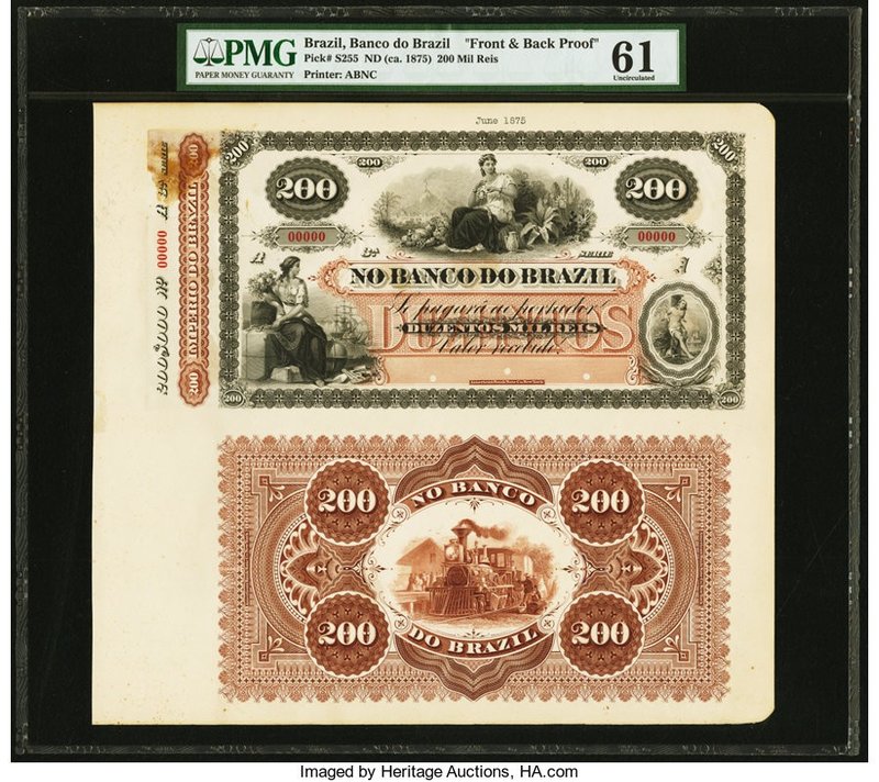 Brazil Banco Do Brazil 200 Mil Reis ND (ca. 1860) Pick S255p Front and Back Proo...